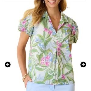 Tommy Bahama Nova Wave Gulf Shore Puff-Sleeve Top L Tropical Seersucker